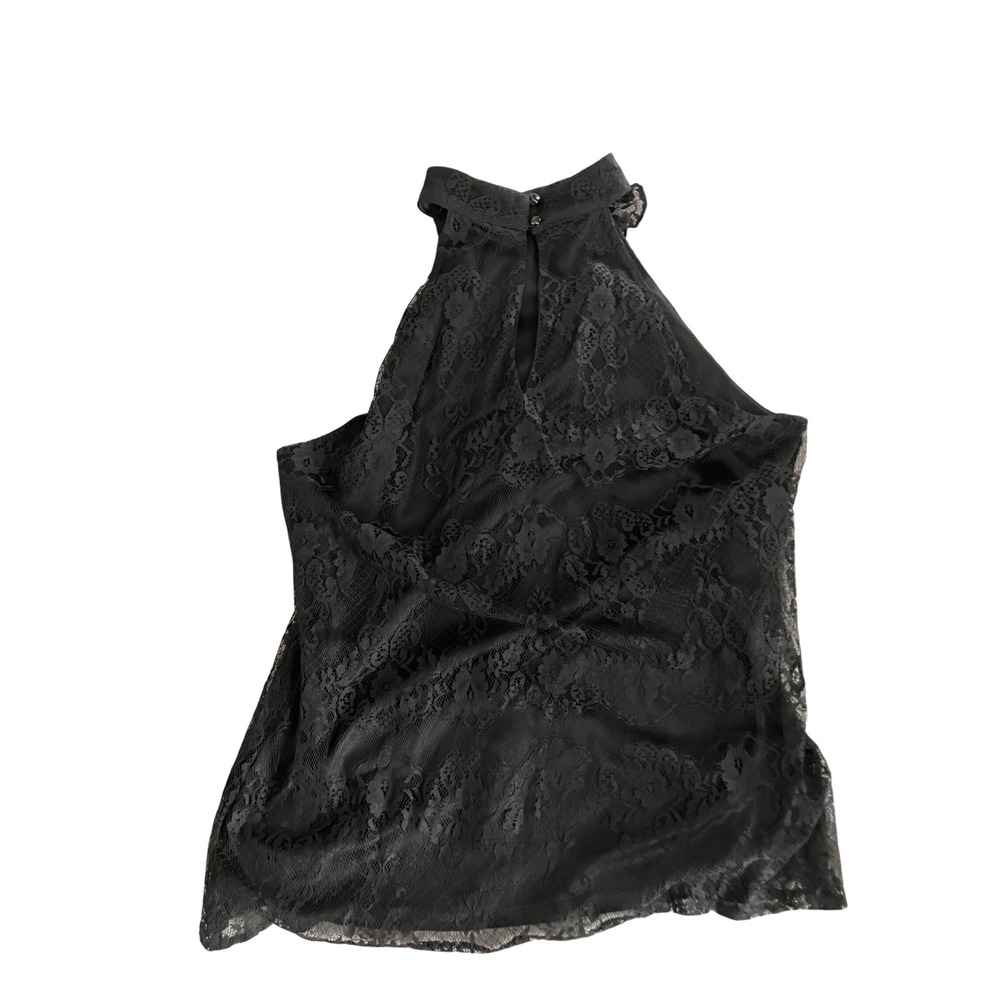 Black Lace Ruffle Halter XL Sleeveless Mock Neck Blouse Whimsigoth Fairy Keyhole - Picture 2 of 9
